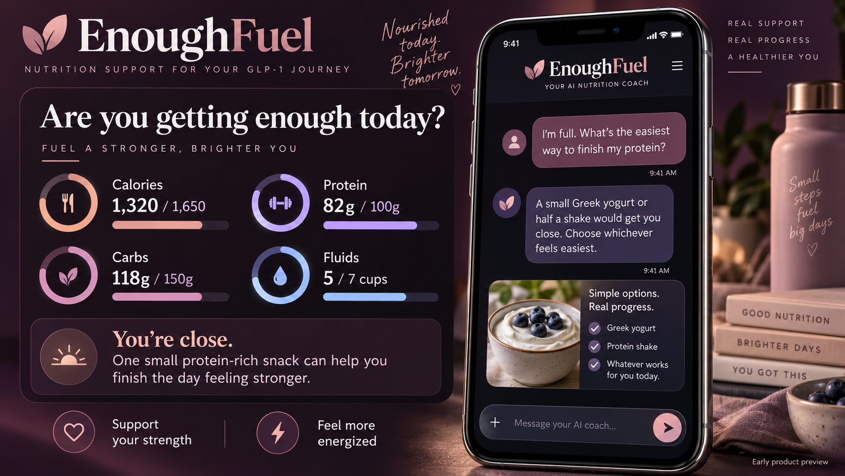 EnoughFuel daily calories, protein, carbohydrates, fluids, and AI nutrition coaching dashboard